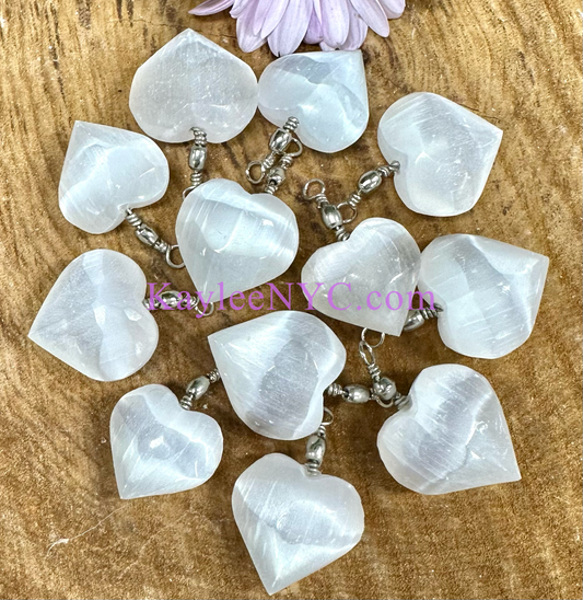 12 PCs Natural Selenite aka Satin Spar Heart Pendant