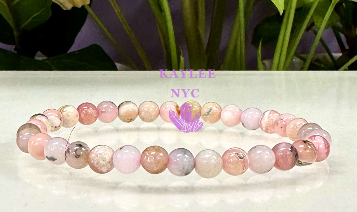 6 PCs 6mm Natural Pink Opal Stretch Bracelet 7.5”