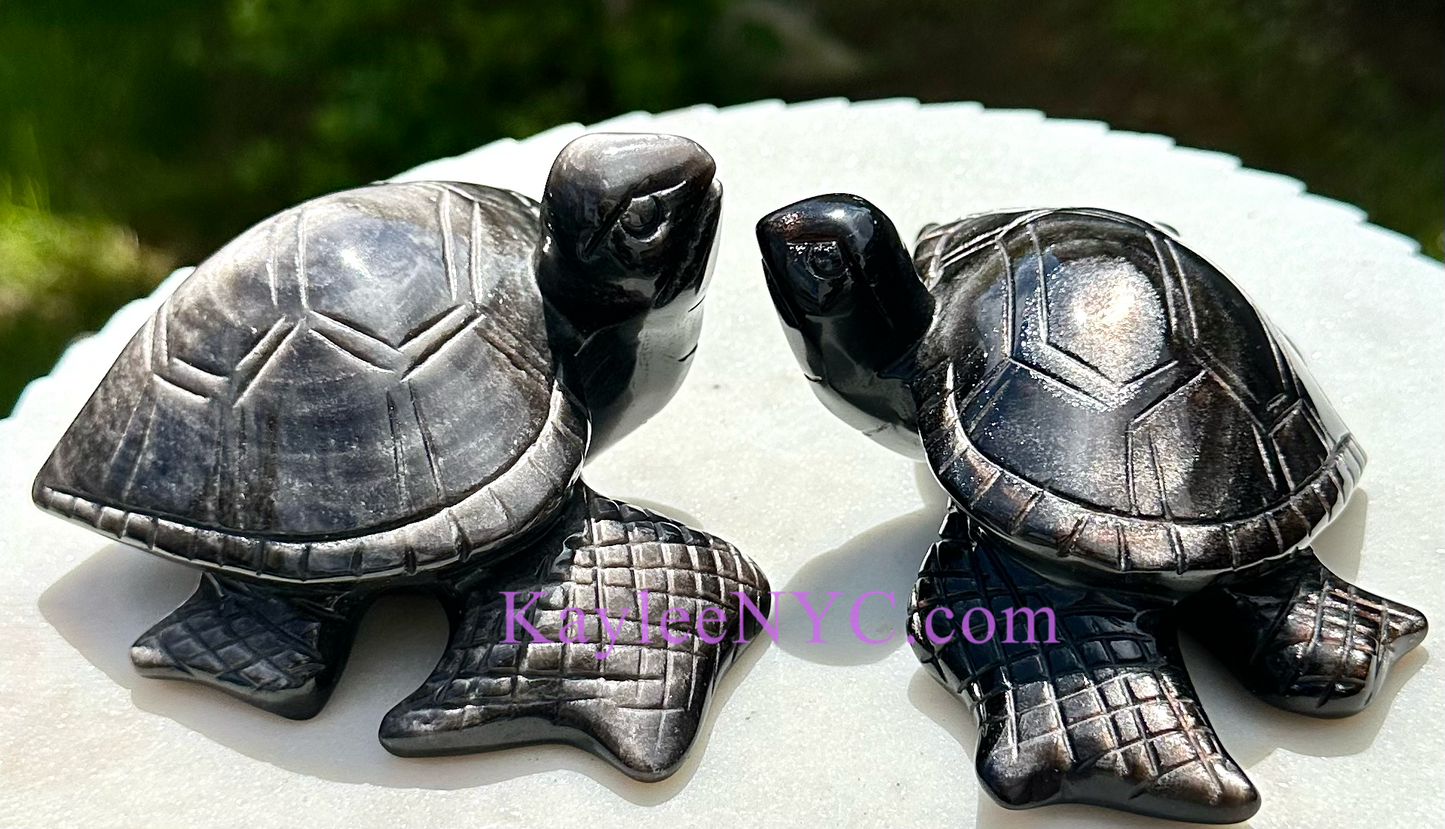 Wholesale lot 2 Pcs Natural Silver Sheen Obsidian Turtles Crystal Healing Energy