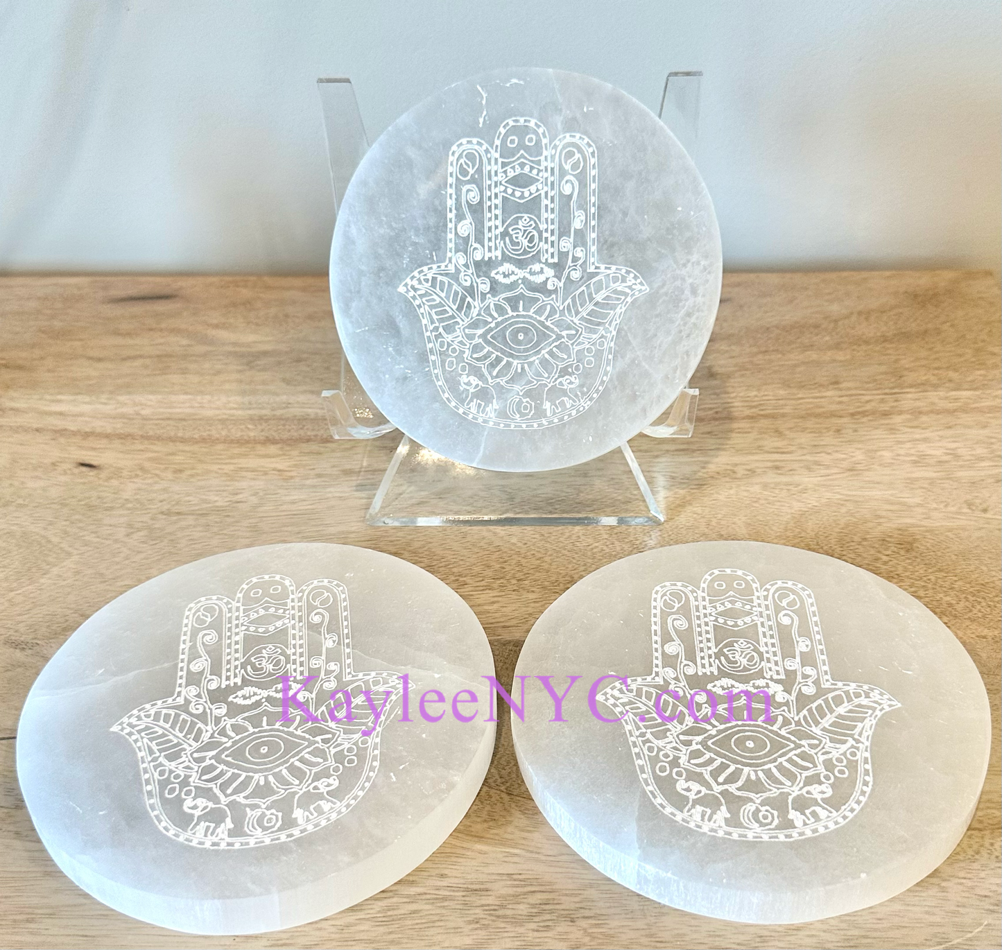 Wholesale Lot 3 pcs Natural Selenite aka Satin Spar Hamsa Charging Plate Crystal Healing Energy