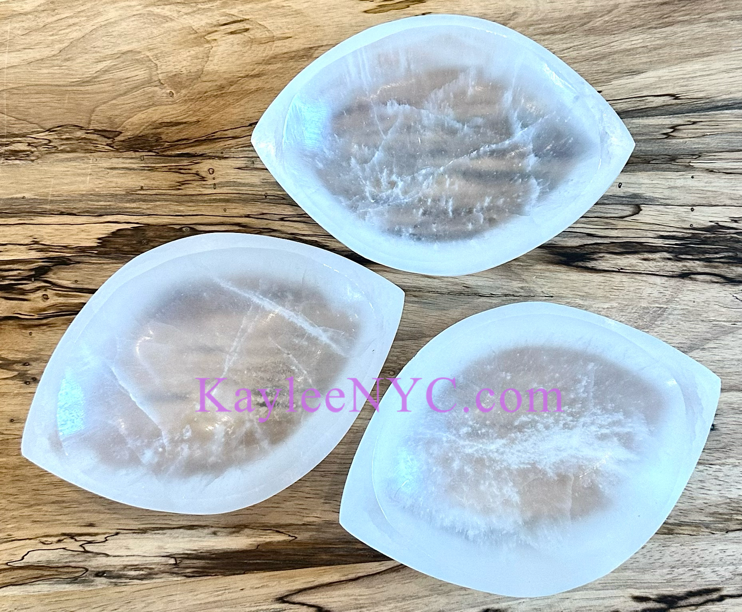 3 PCs large Natural Selenite aka Satin Spar Eye Shape Bowl