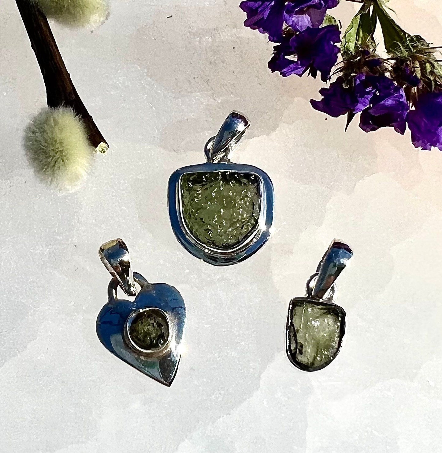 Wholesale Lot 3 Pcs Natural Moldavite 925 Sterling Silver Tektite Pendants Nice Quality