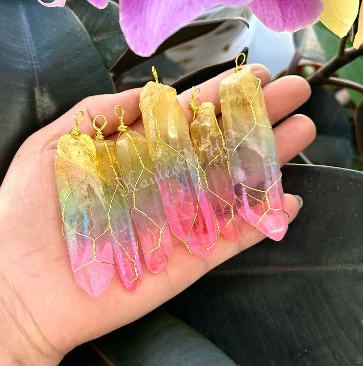 Wholesale Lot 6 Pcs Rainbow Aura Lemurian Quartz Wrapped Pendant