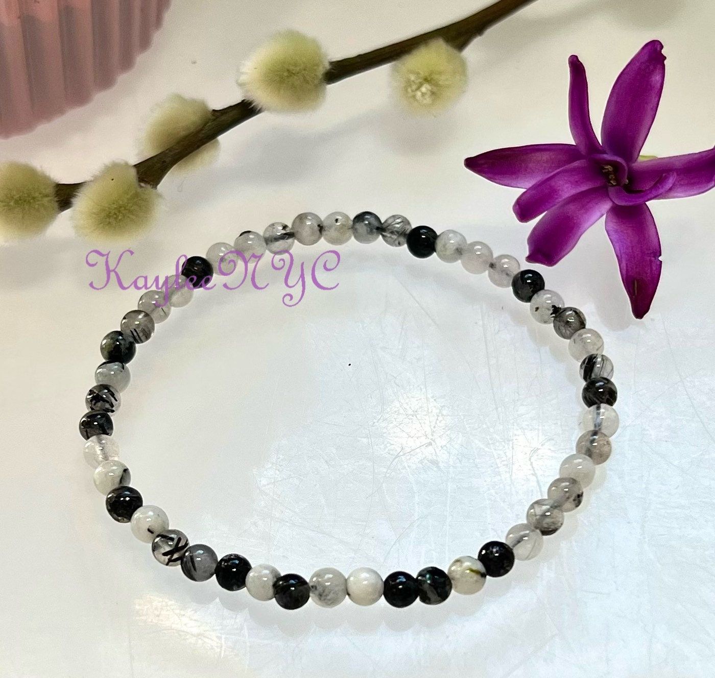 Wholesale Lot 6 Pcs Natural Tourmalinated Quartz 4mm 7.5” Crystal Healing Stretch Bracelet