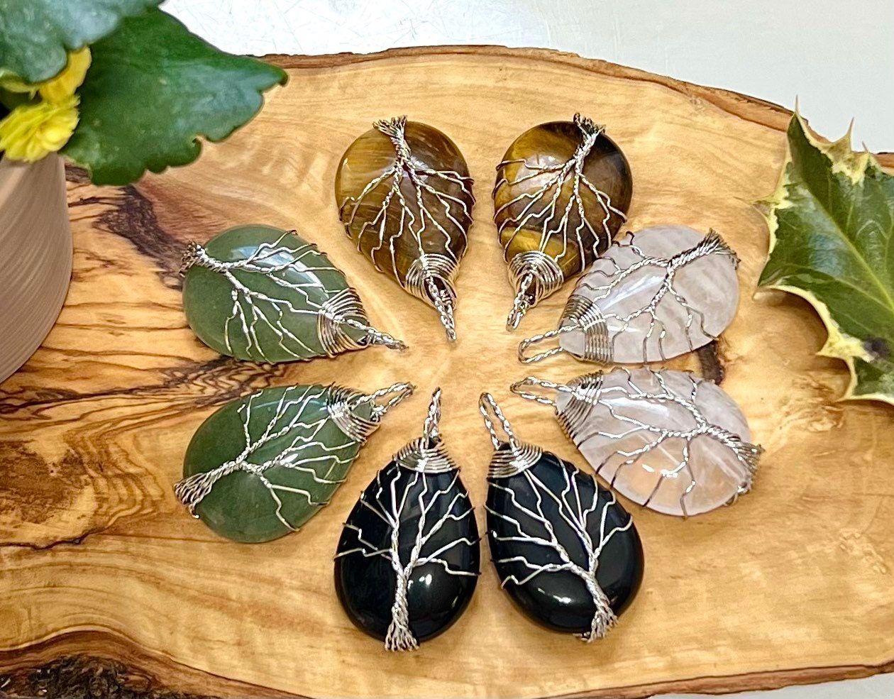 Wholesale Lot 8 Pcs Tree Of Life Hand Wrapped Pendant Natural Crystal