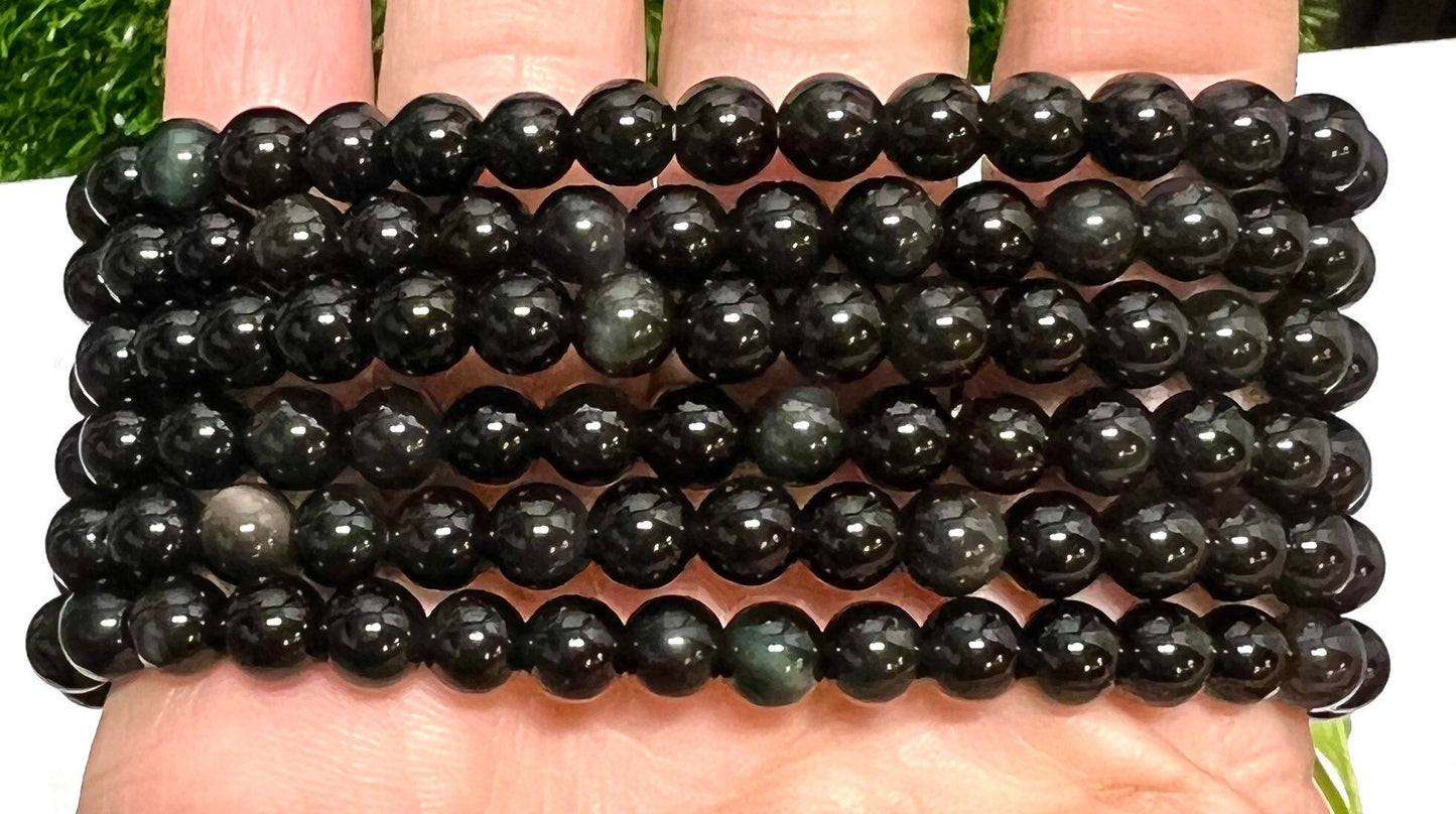 Wholesale 6 Pcs Natural Rainbow Obsidian 6mm 7.5” Crystal Healing Stretch Bracelet