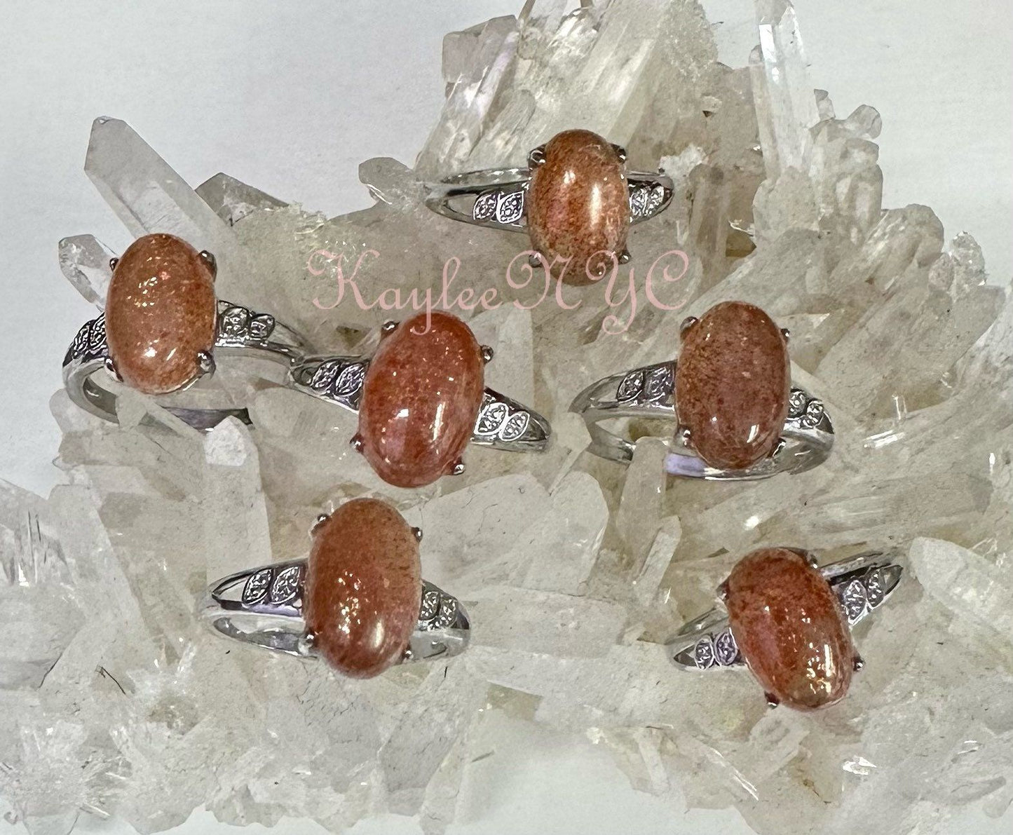 Wholesale Lot 6 pcs Natural Sunstone Ring White Bronze