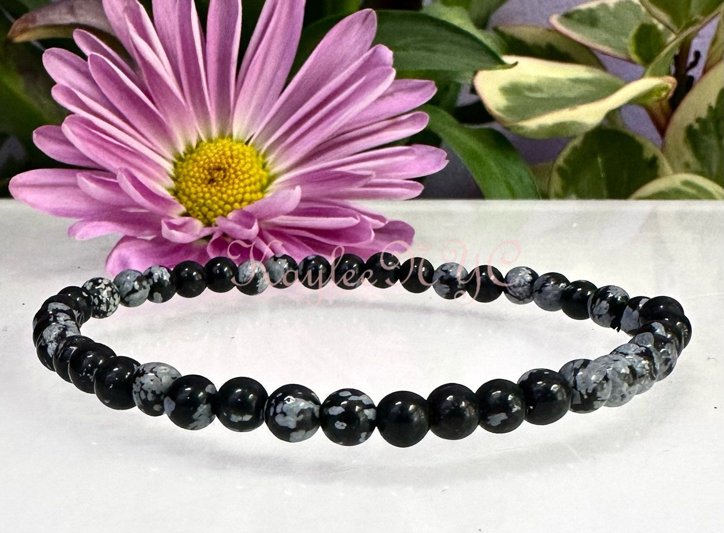 Wholesale Lot 6 Pcs Natural Snowflake Obsidian 4mm 7.5” Crystal Healing Stretch Bracelet