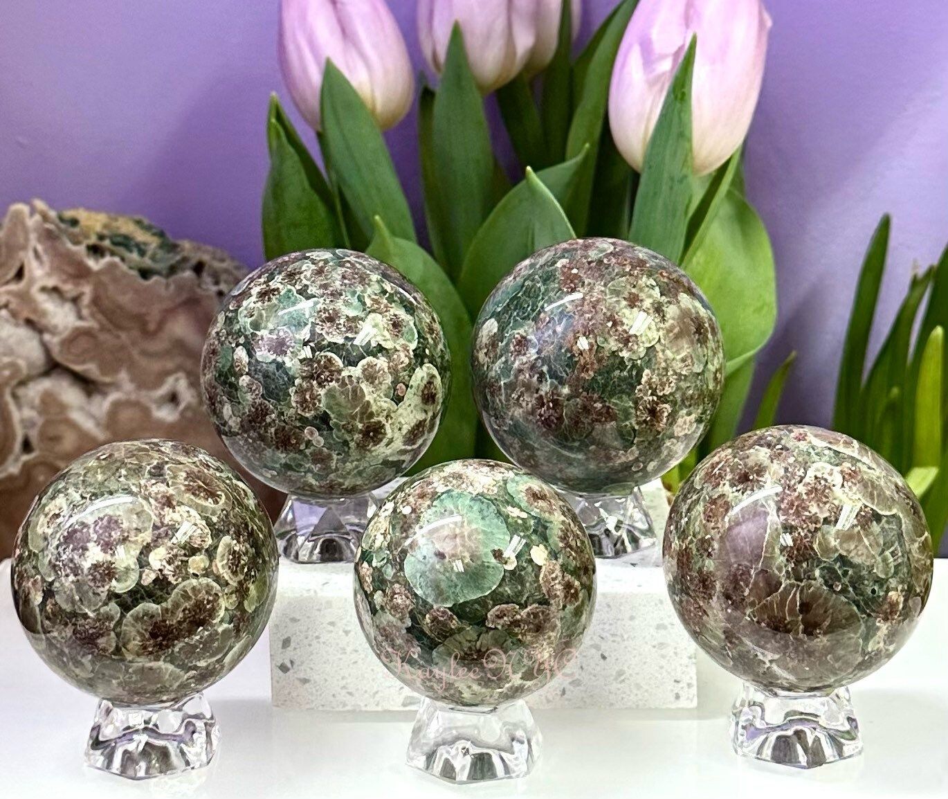 Wholesale Lot 5 Pcs 3.8 to 4 lbs Natural Green Flower Jasper Spheres Crystal Ball nice quality