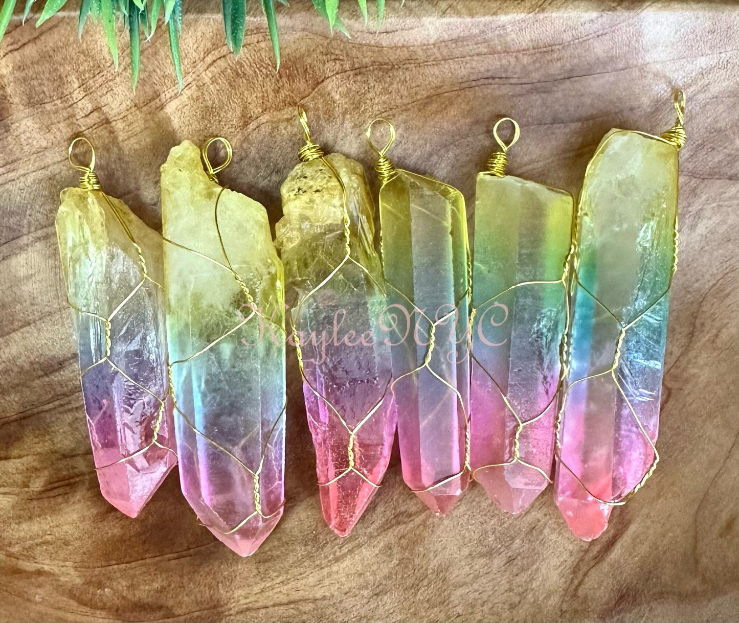 Wholesale Lot 6 Pcs Rainbow Aura Lemurian Quartz Wrapped Pendant