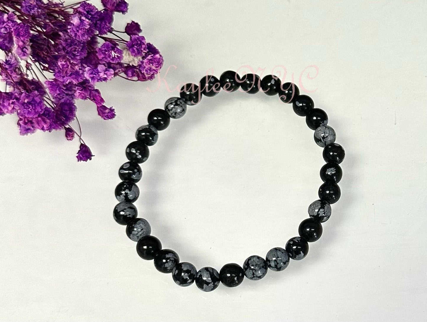 Wholesale 6 Pcs Natural Snowflake Obsidian 6mm 7.5” Crystal Healing Stretch Bracelet