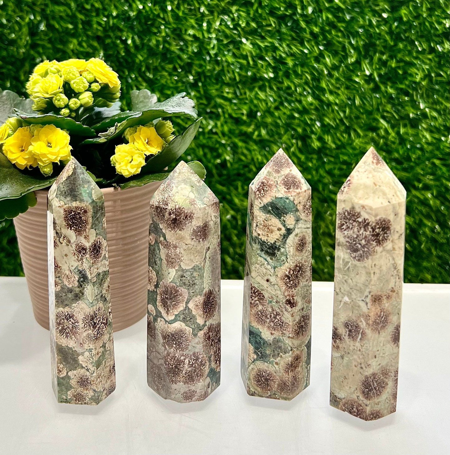 Wholesale Lot 1 Lb Natural Green Flower Jasper Quartz Obelisk Tower Point Crystal Healing