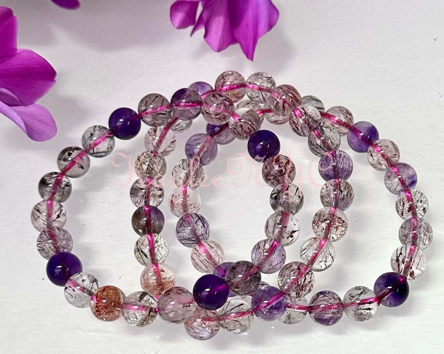 Wholesale 3 Pcs Natural Super 7 Melody Rutilated 8mm 7.5” Crystal Healing Stretch Bracelet