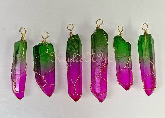 Wholesale Lot 6 Pcs Rainbow Aura Lemurian Quartz Wrapped Pendant