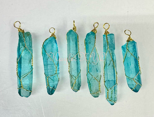 Wholesale Lot 6 Pcs Aqua Aura Lemurian Quartz Wrapped Pendant