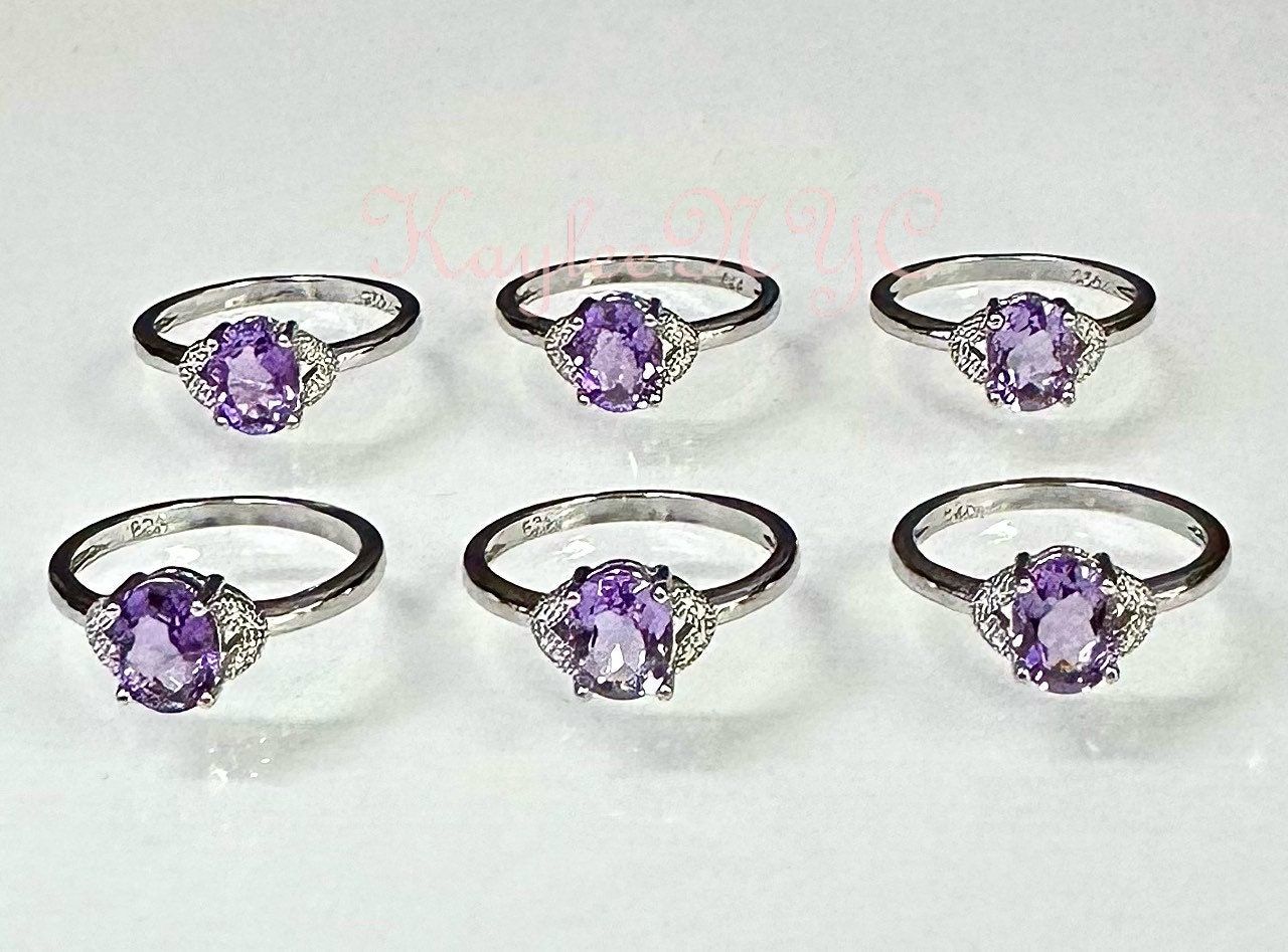 Wholesale Lot 6 pcs Natural Amethyst Ring White Bronze