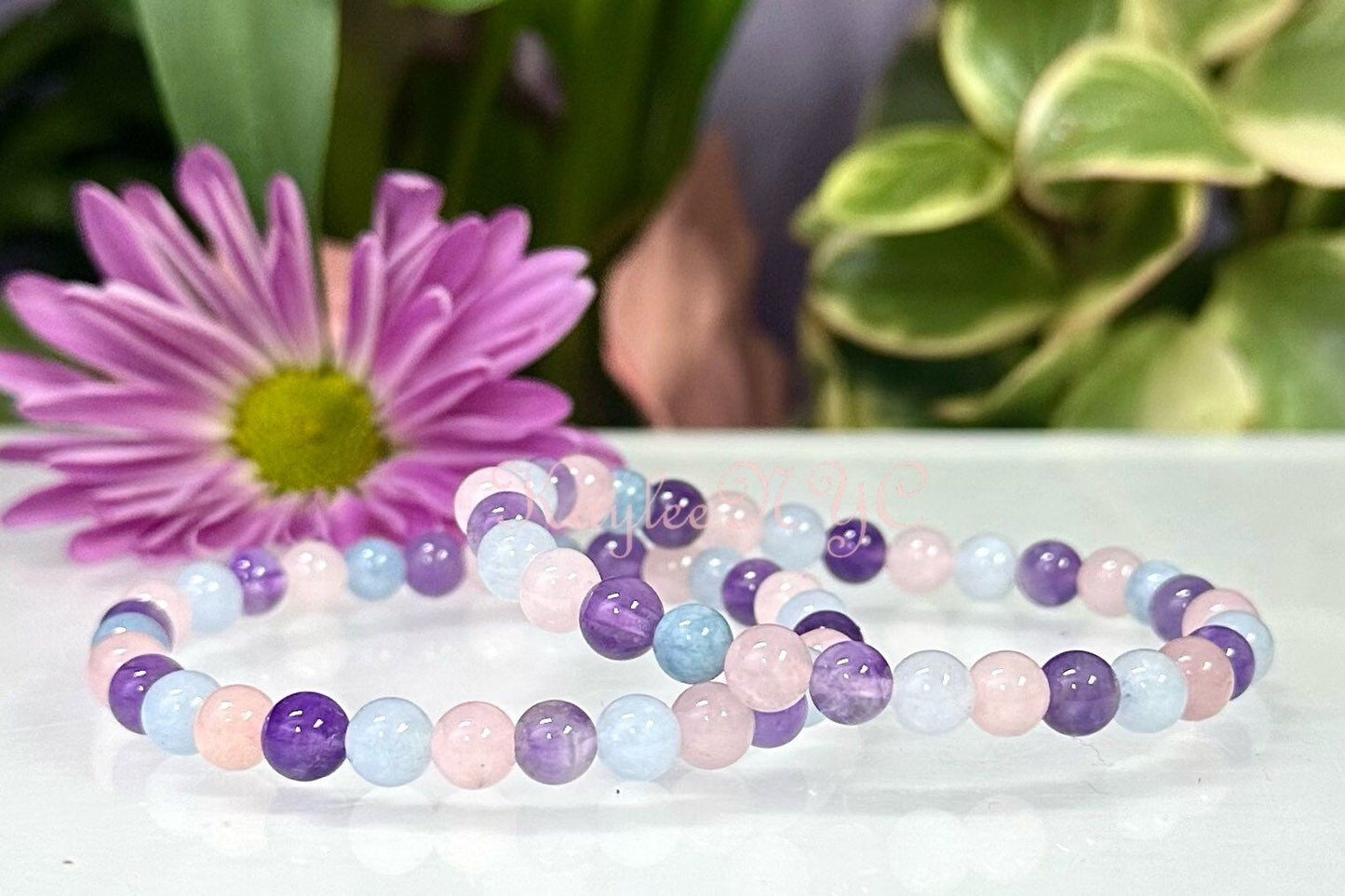 Wholesale 6 Pcs Natural Crystal Bracelet 6mm 7.5” Stretch Bracelet Crystal, Amethyst, Rose Quartz, and Aquamarine.