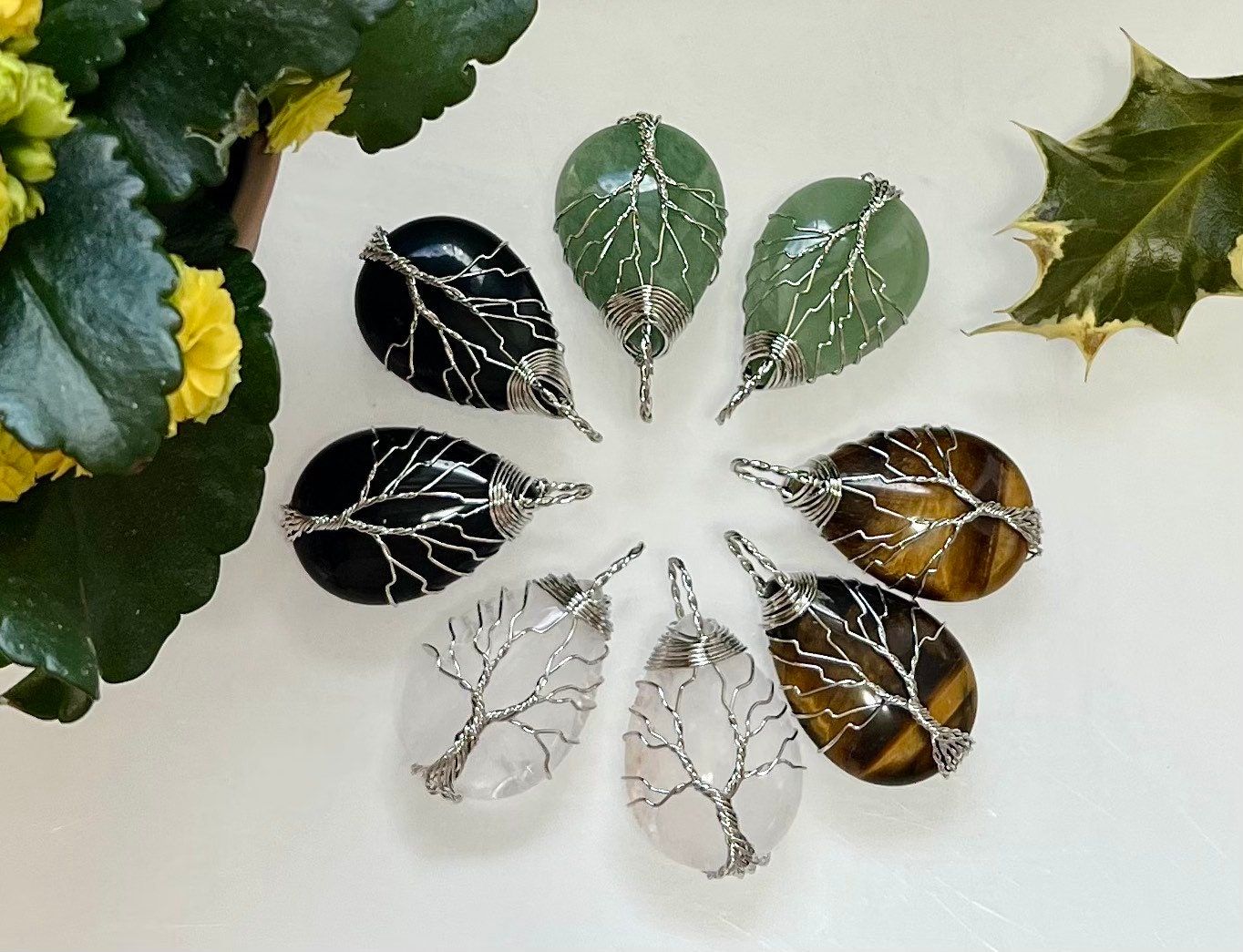 Wholesale Lot 8 Pcs Tree Of Life Hand Wrapped Pendant Natural Crystal