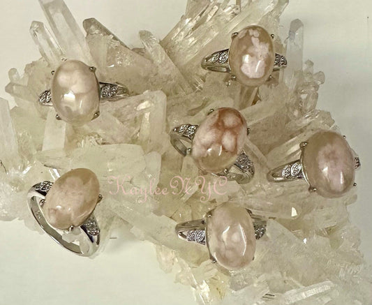 Wholesale Lot 6 pcs Natural Flower Agate Ring White Bronze