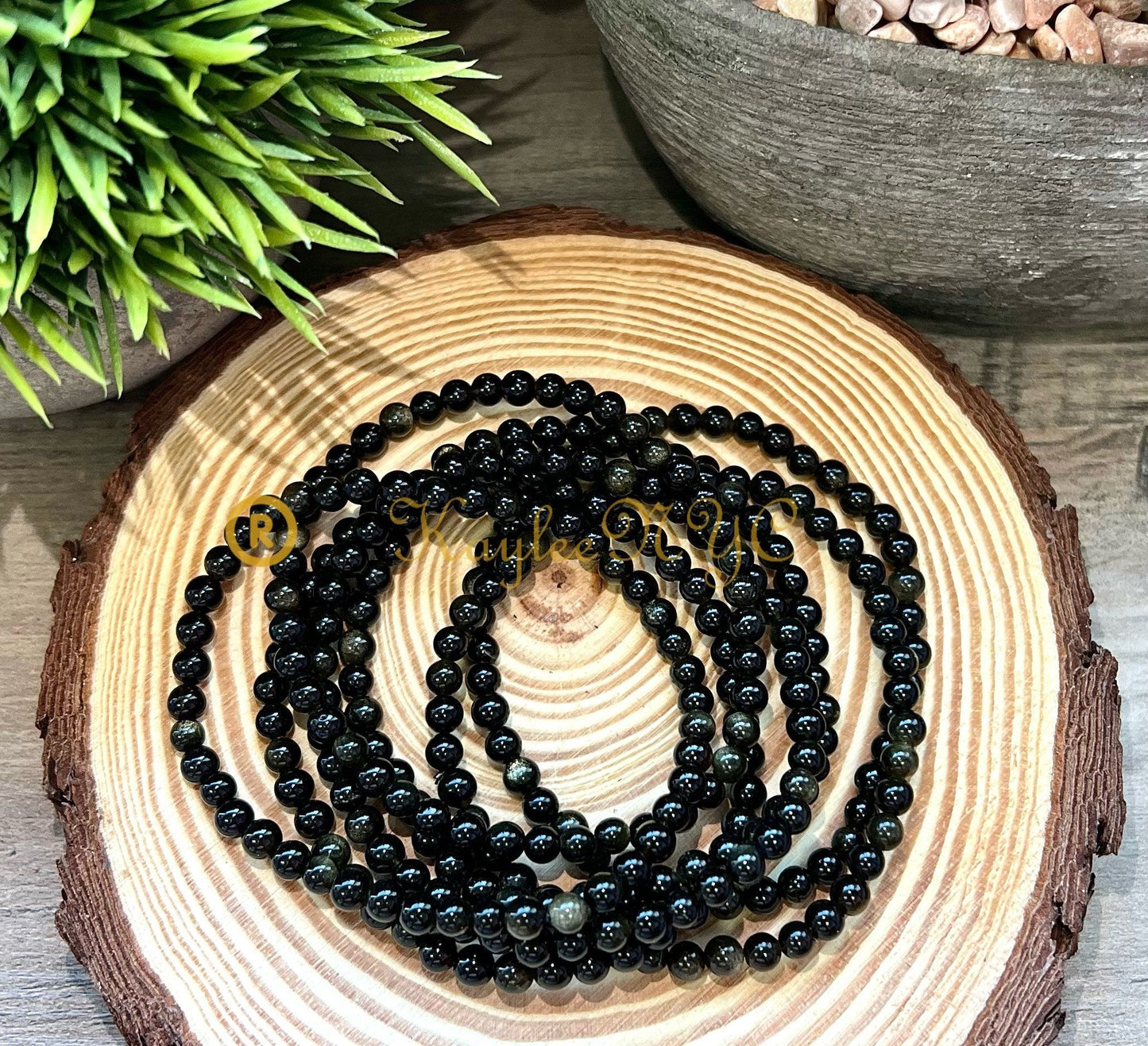 Wholesale Lot 6 Pcs Natural Gold Sheen Obsidian 4mm 7.5” Crystal Healing Stretch Bracelet