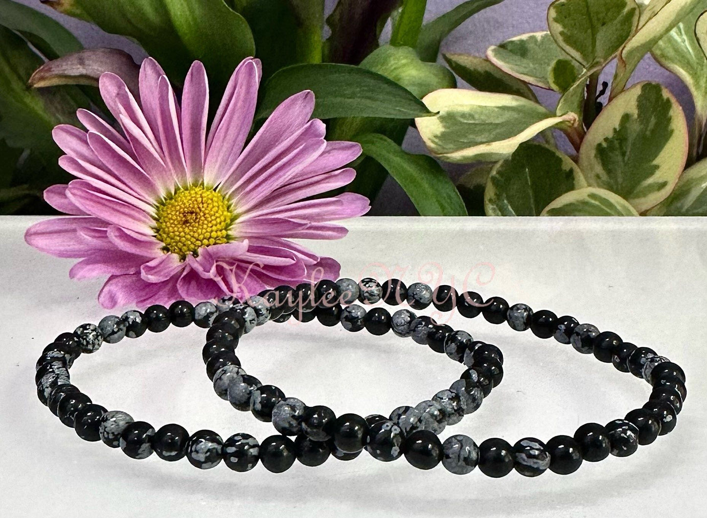 Wholesale Lot 6 Pcs Natural Snowflake Obsidian 4mm 7.5” Crystal Healing Stretch Bracelet