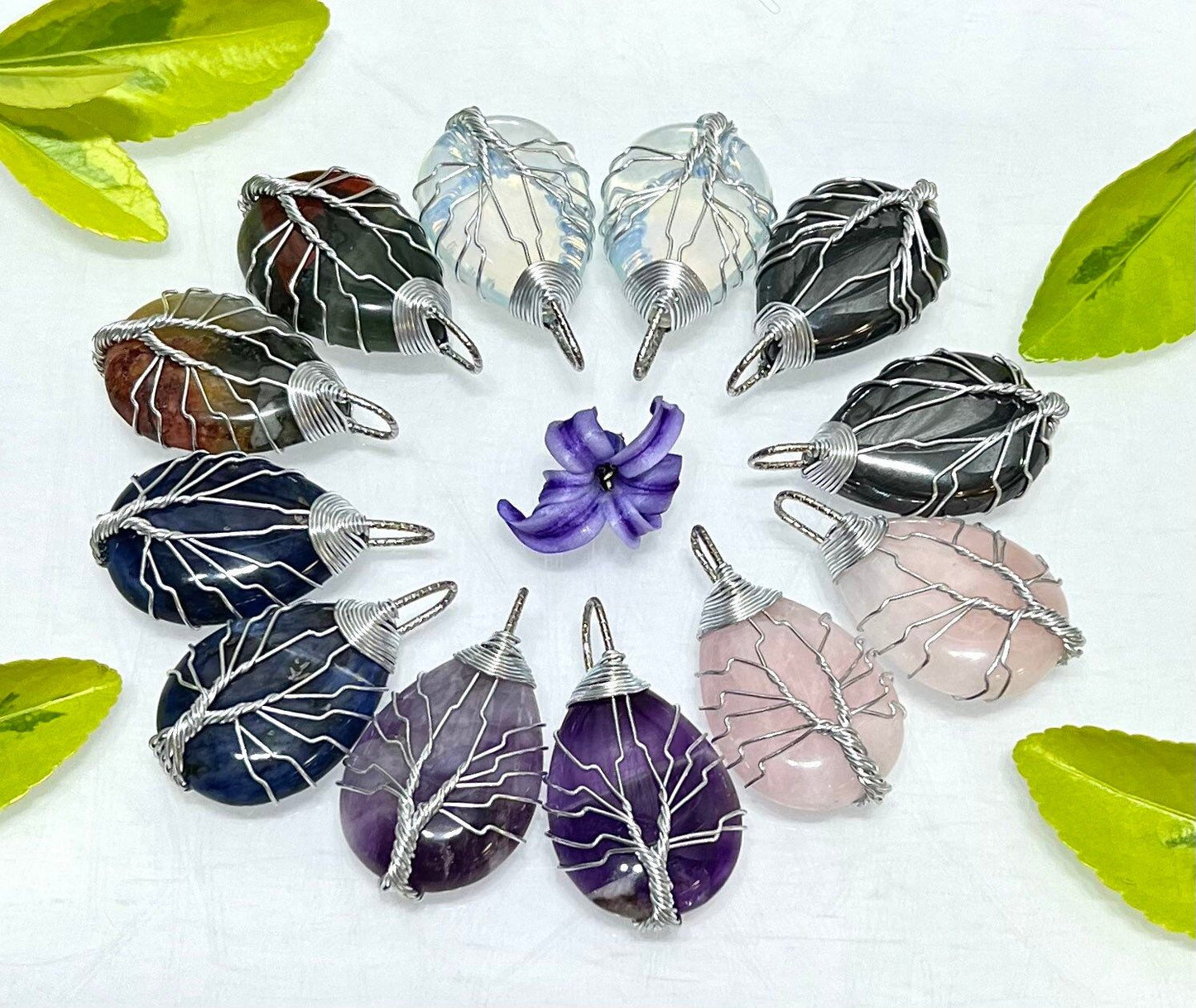 Wholesale Lot 12 Pcs Tree Of Life Hand Wrapped Pendant Natural Crystal