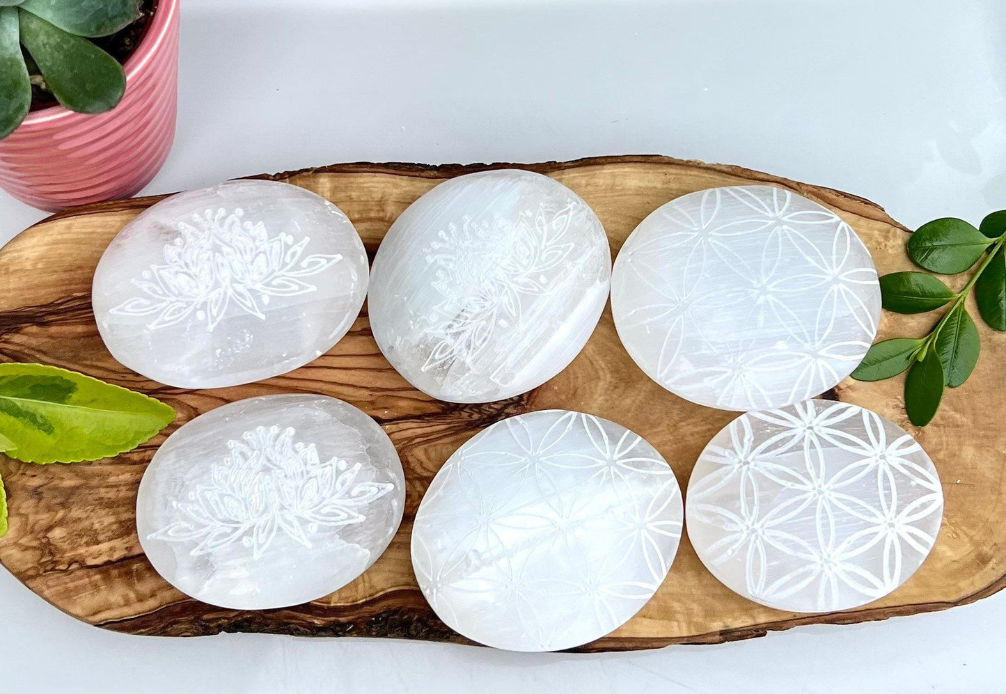 Wholesale Lot 6 pcs Natural Selenite aka Satin Spar Palm Stones Crystal Healing Energy