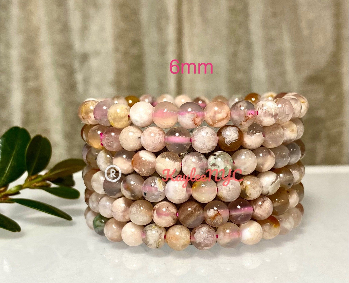 Wholesale 6 Pcs Natural Cherry Blossom Flower Agate 6mm 7.5” Crystal Healing Stretch Bracelet