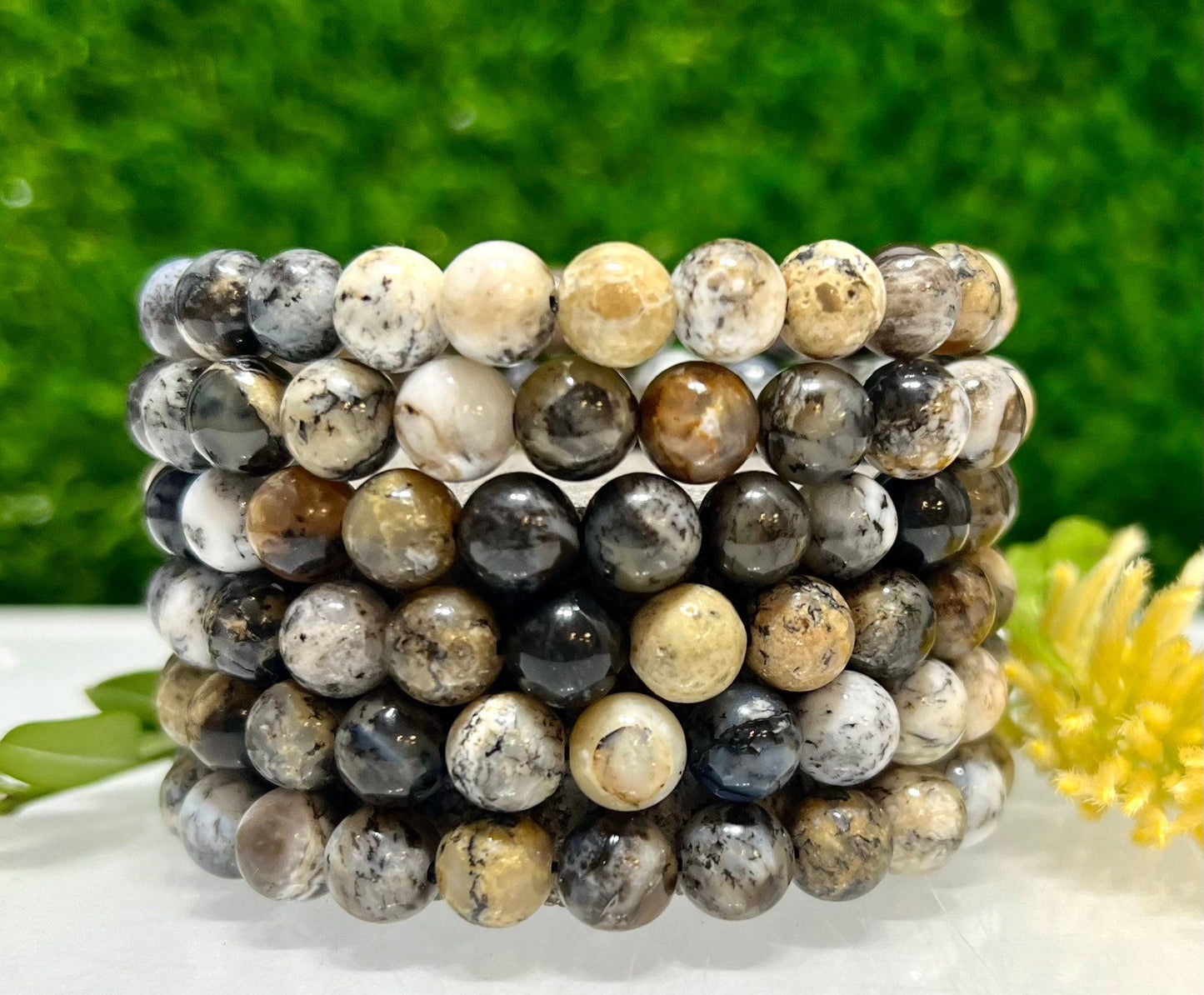 Wholesale 6 Pcs Natural Dendritic Opal 8mm 7.5” Crystal Healing Stretch Bracelet