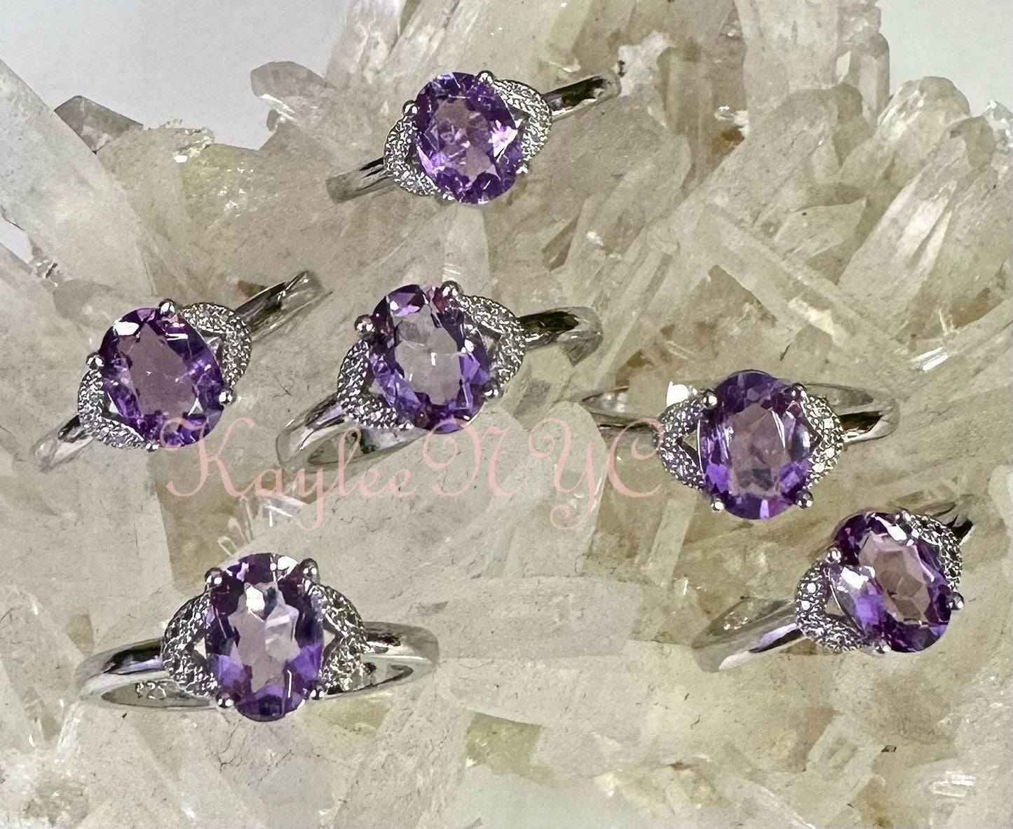 Wholesale Lot 6 pcs Natural Amethyst Ring White Bronze