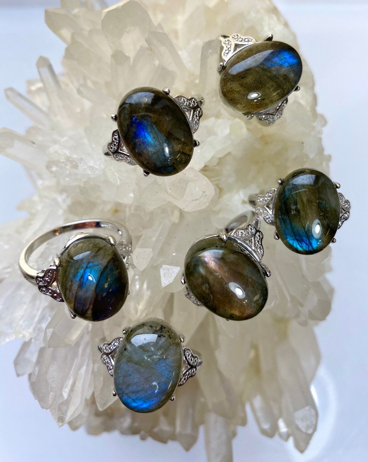 Wholesale Lot 6 pcs Natural Labradorite Ring White Bronze