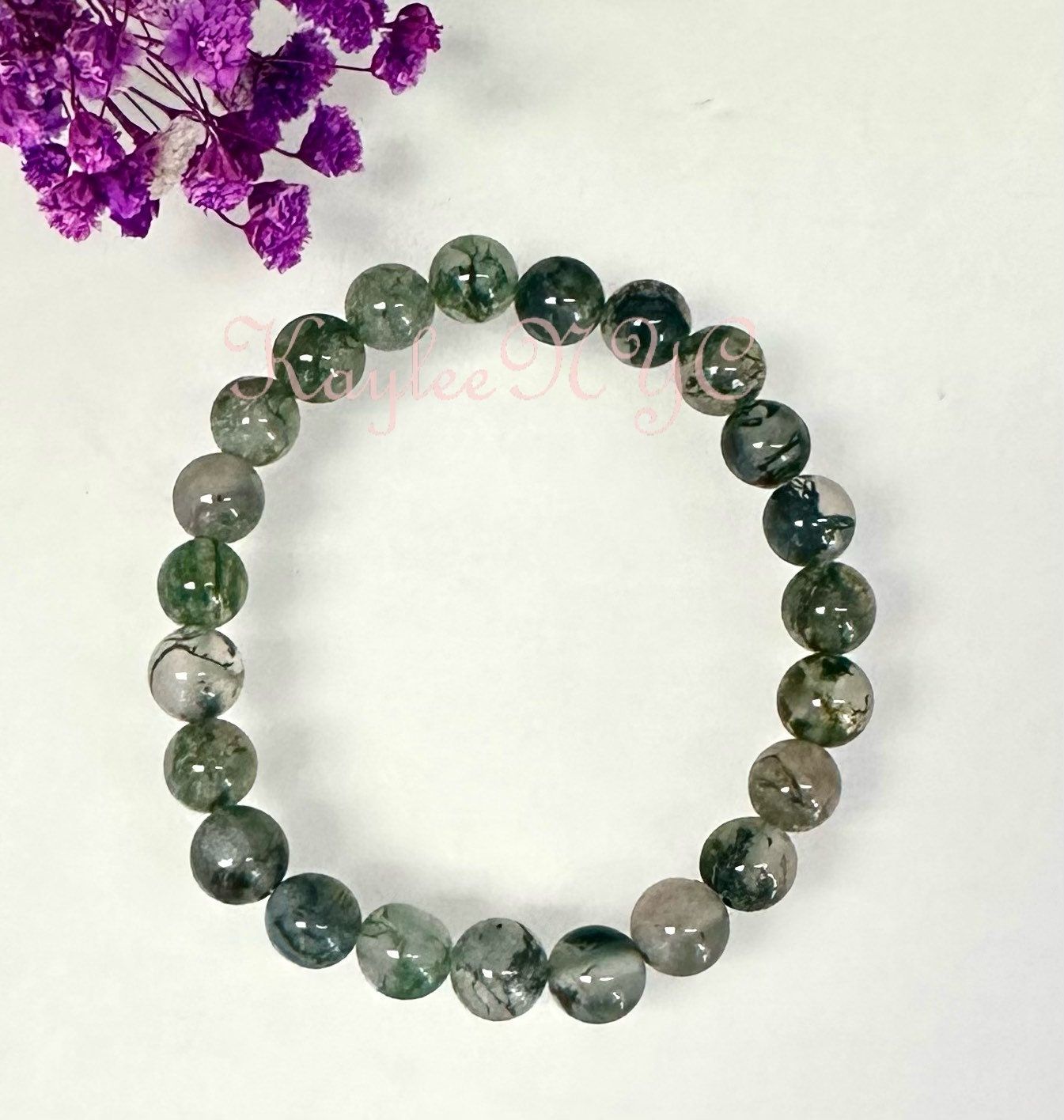 Wholesale Lot 6 Pcs Moss Agate 8mm 7.5” Crystal Healing Stretch Bracelet