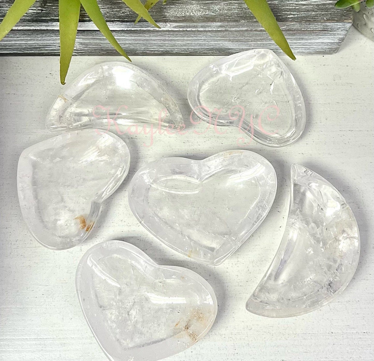 Wholesale Lot 6 pcs Natural Clear Quartz Hearts & Moon Bowls Crystal Healing Energy