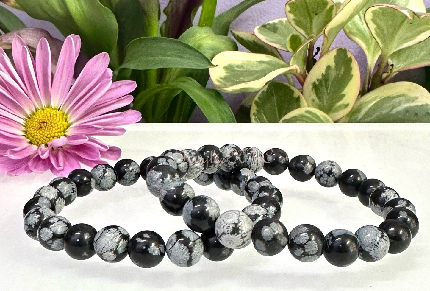 Wholesale Lot 6 Pcs Snowflake Obsidian 8mm 7.5” Crystal Healing Stretch Bracelet