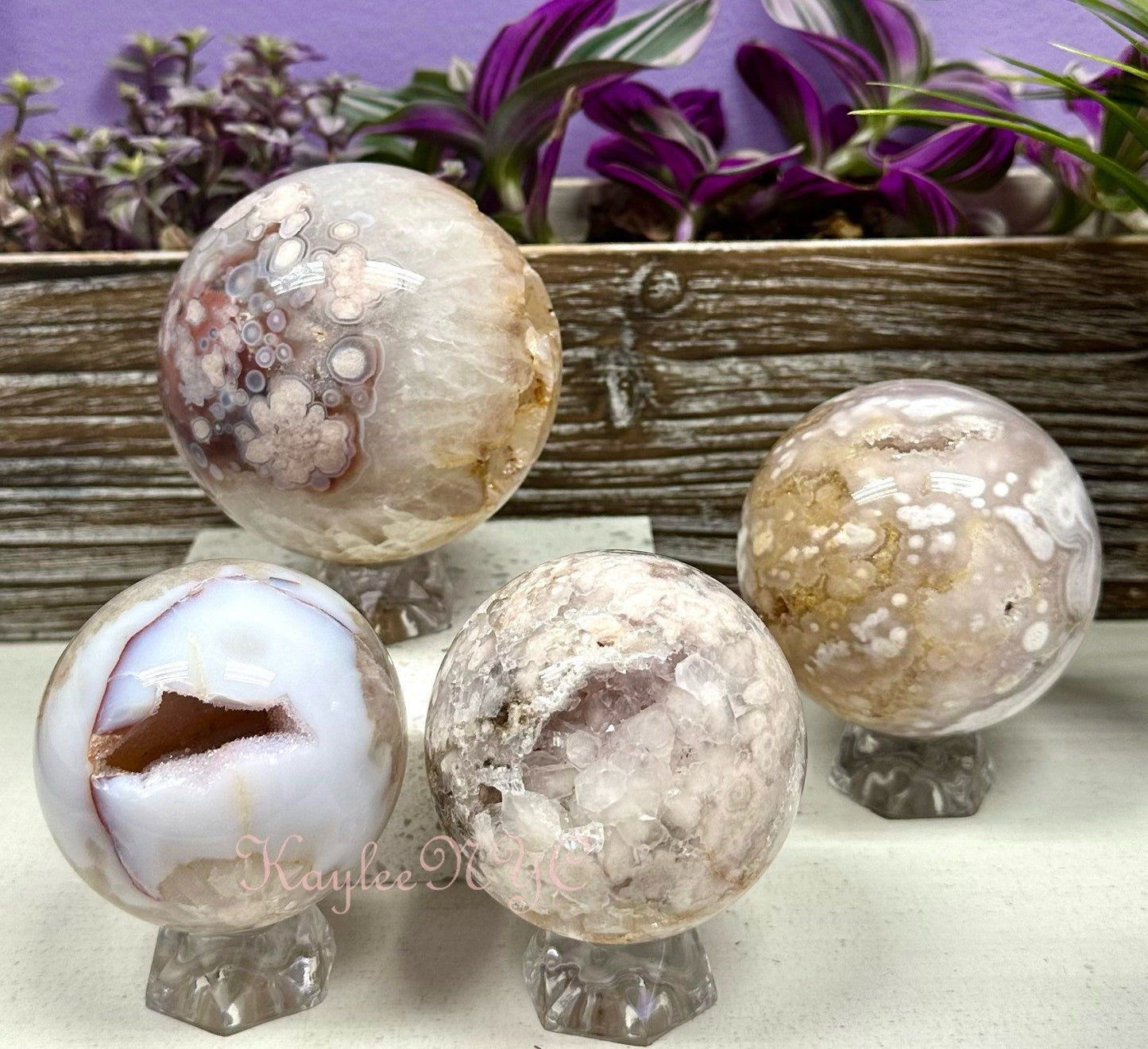 Wholesale Lot 4 pcs Natural Pink Amethyst w Flower Agate Crystal Spheres Healing