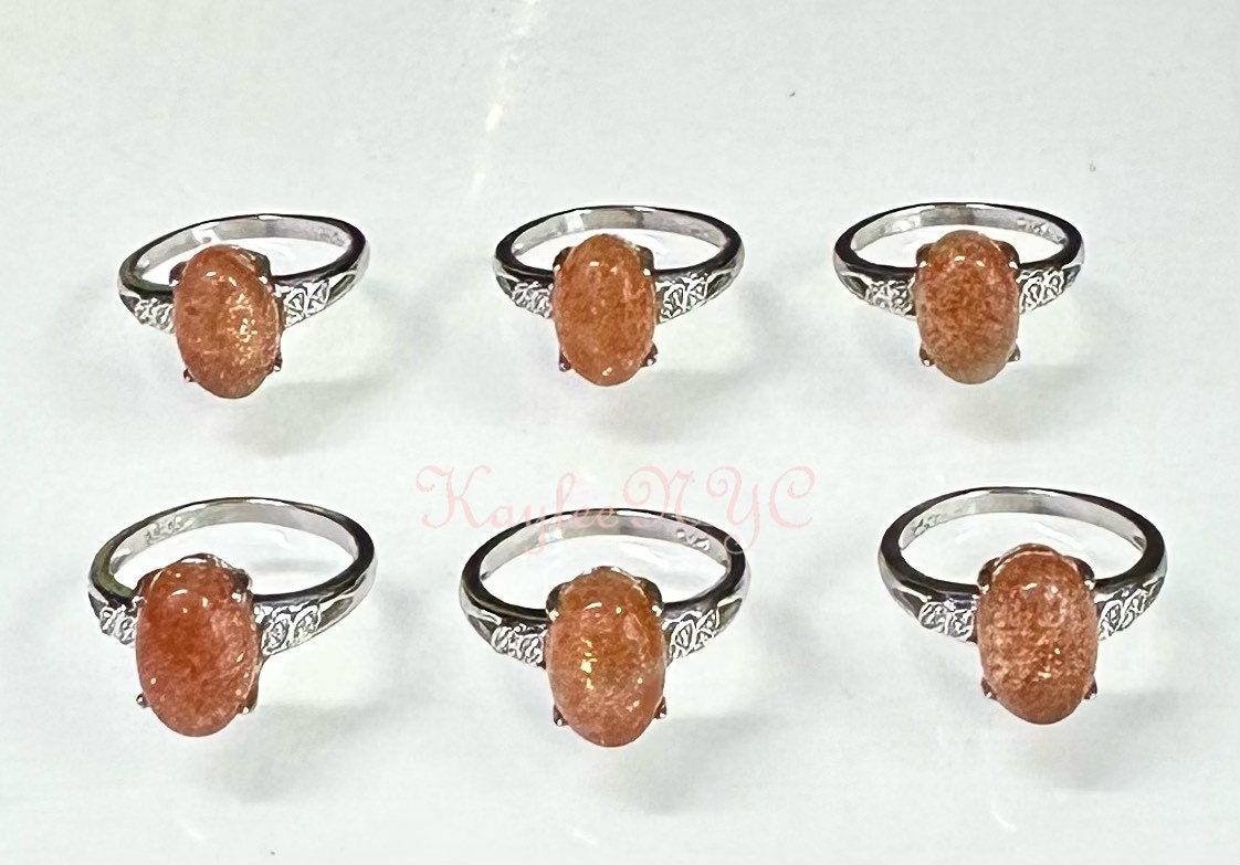 Wholesale Lot 6 pcs Natural Sunstone Ring White Bronze