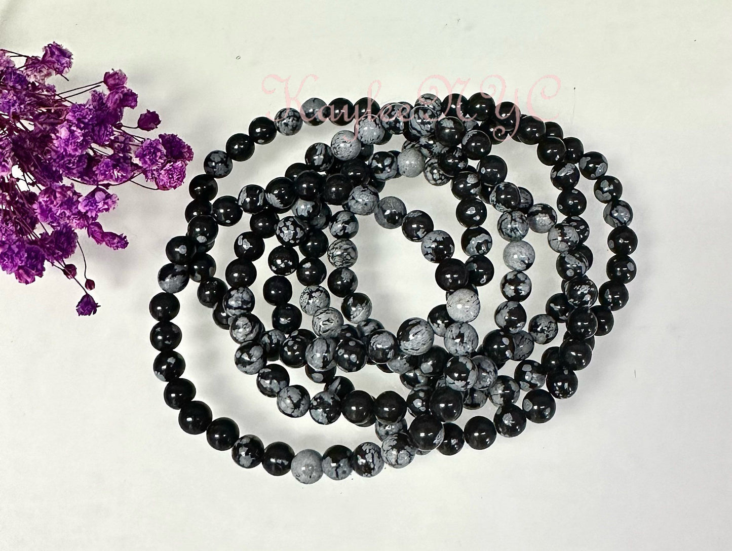 Wholesale 6 Pcs Natural Snowflake Obsidian 6mm 7.5” Crystal Healing Stretch Bracelet