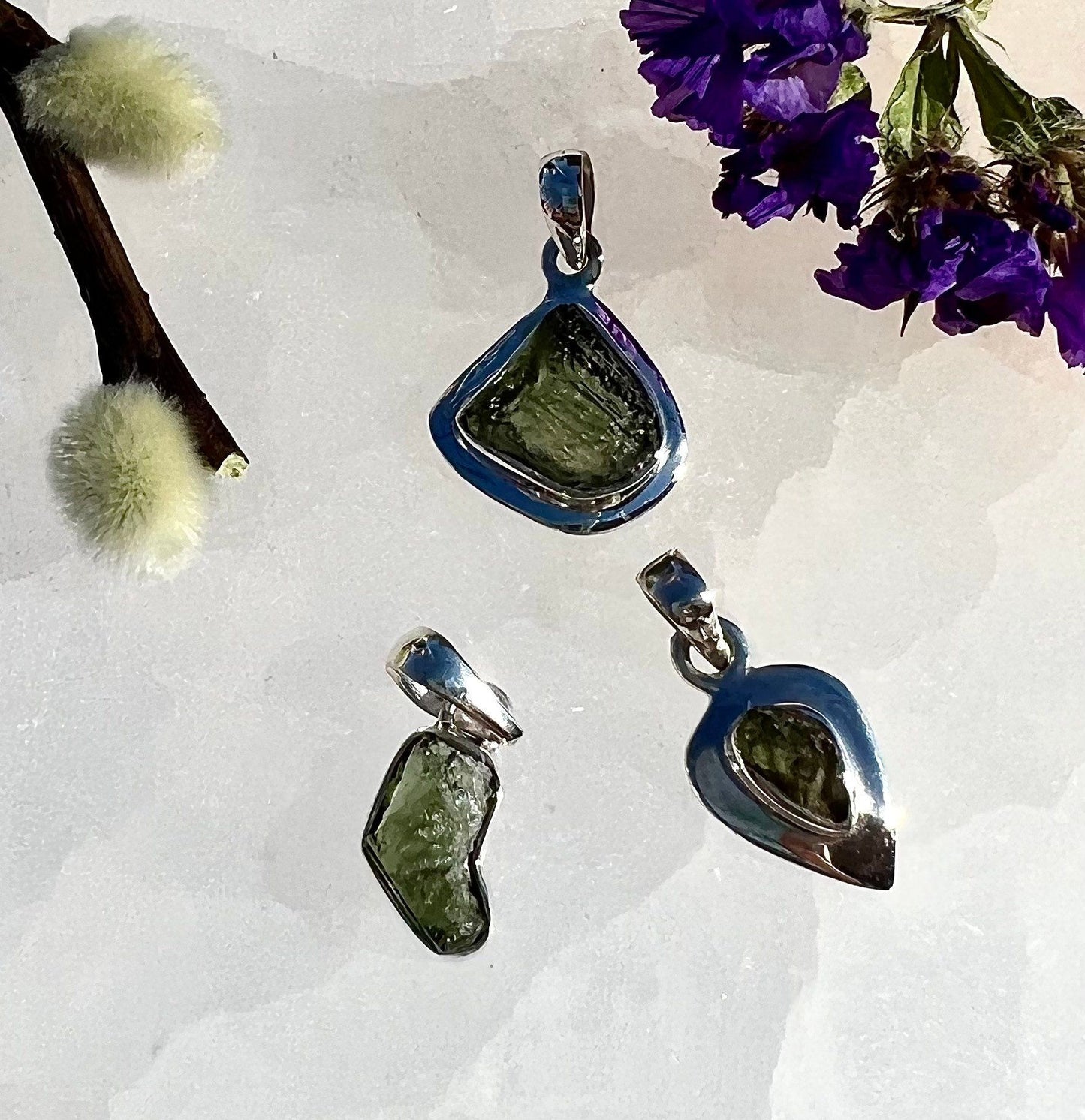 Wholesale Lot 3 Pcs Natural Moldavite 925 Sterling Silver Tektite Pendants Nice Quality