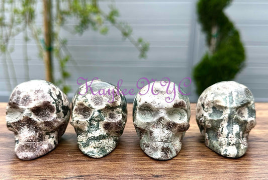 Wholesale lot 4 Pcs 3” Natural Green Flower Jasper Crystal Skulls Healing Energy