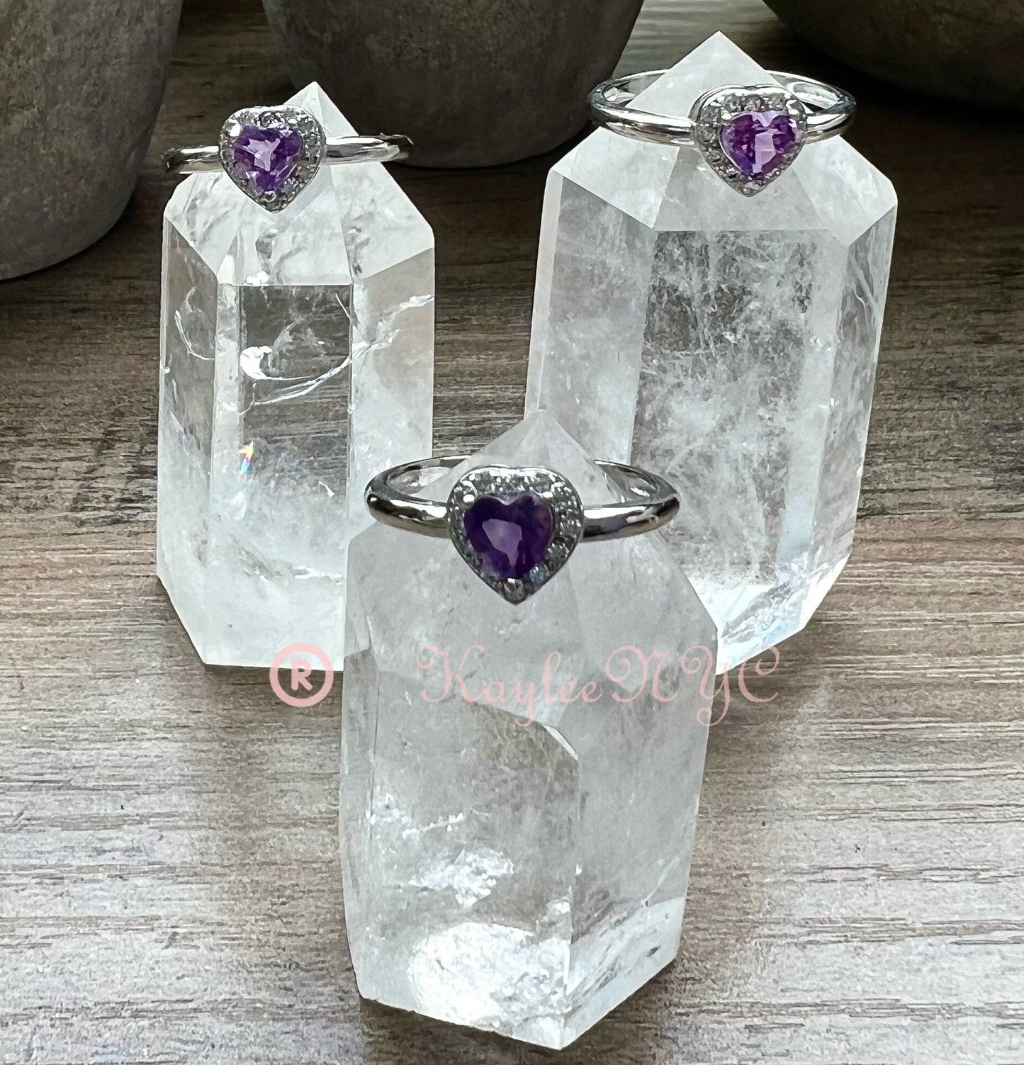 Wholesale Lot 6 pcs Natural Amethyst Heart Ring White Bronze